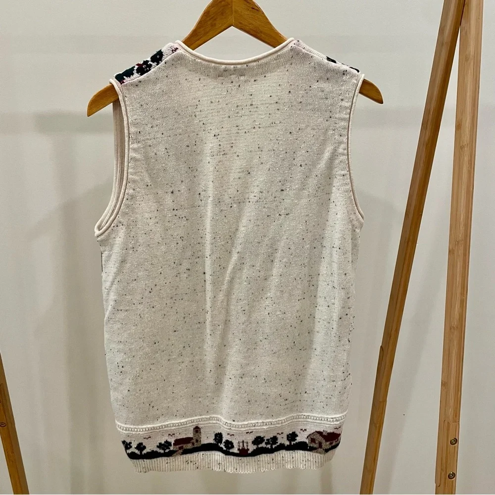 Vintage Speckled Floral Cottage House Tree Print Button Front Sweater Vest Cream - Picture 4 of 6